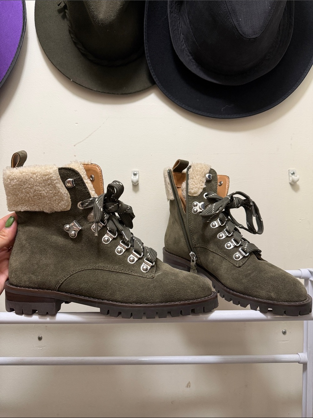 Rebecca Minkoff Olive Suede Shearling-Trim Lace-Up Boots